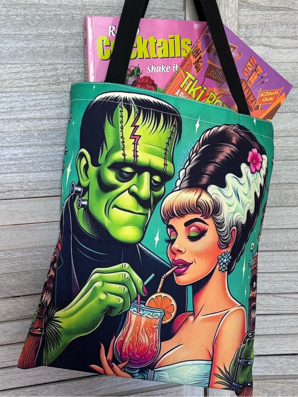 Vibrant Fun Tote Bag - Frankenstein & His Bride Enjoy a Mai Tai at The Tiki Bar